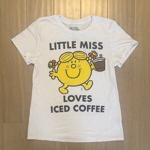 Little Miss White Tee with Yellow Character and Gray Text - 'Loves Iced Coffee'